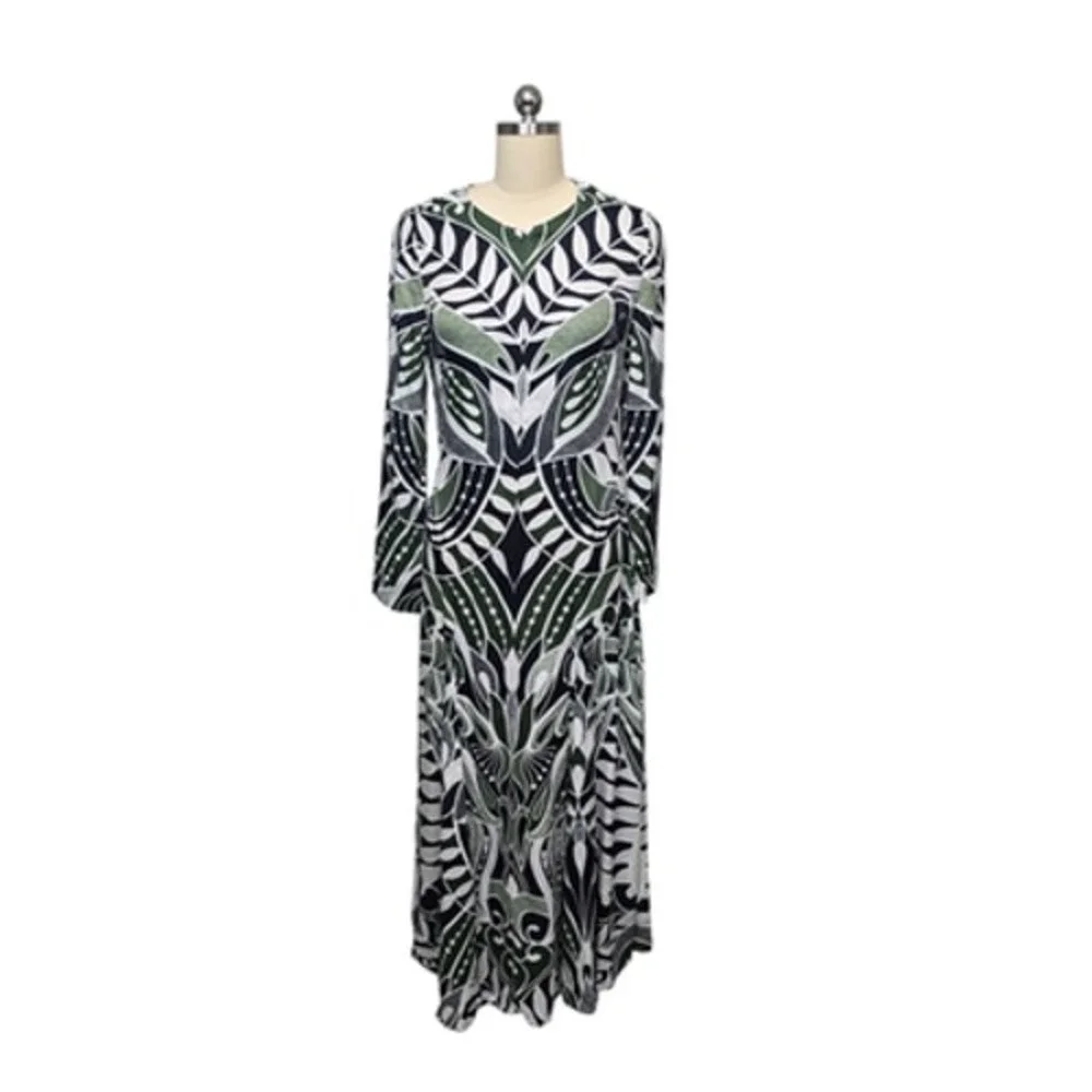 Farm Rio Dress Womens Small Black Green Leaf Print Maxi Long Sleeve Viscose - Picture 2 of 13